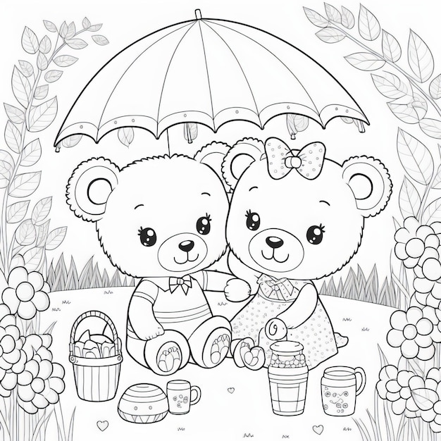 Photo coloring page. two cartoon teddy bears in love