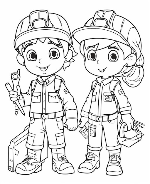 a coloring page of two children in fireman gear generative ai