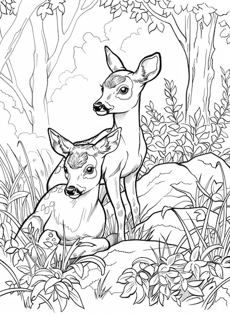 a coloring page of two deers in the woods generative ai