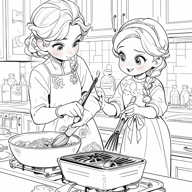 Photo a coloring page of two girls cooking in a kitchen