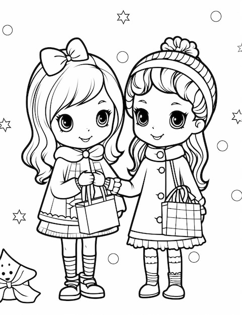 クリスマスプレゼントを持つ2人の小さな女の子のカラーページ