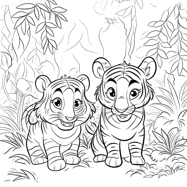Foto una pagina da colorare di due tigri nella giungla pagina da colorare per bambini