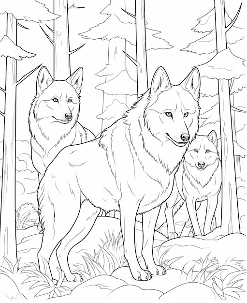 A coloring page of two wolfs in the woods generative ai