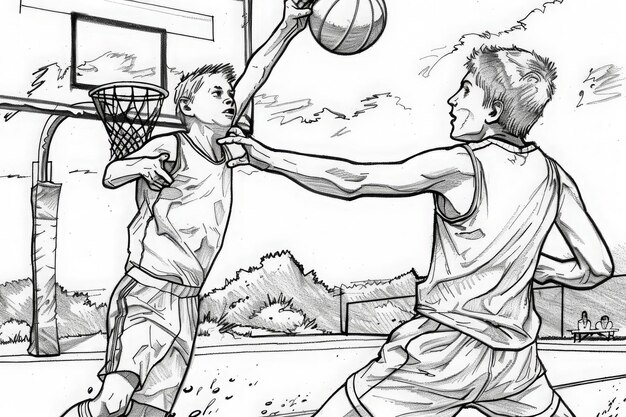 Coloring Page Two young boys energetically play basketball dribbling and shooting in a captivating black and white drawing