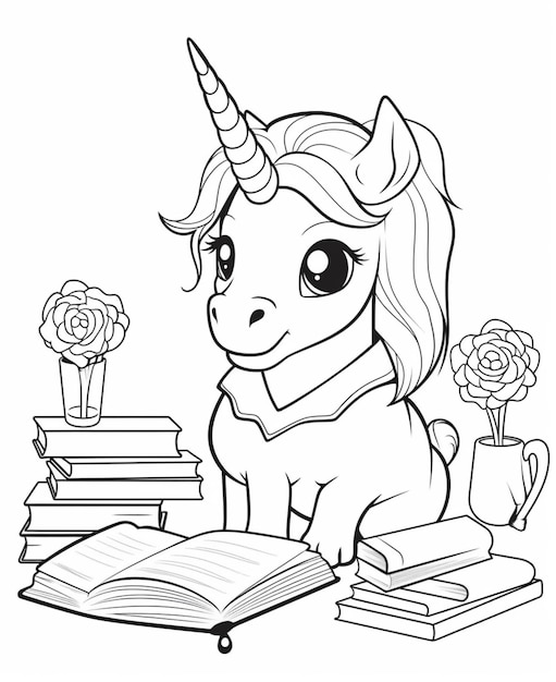 a coloring page of a unicorn reading a book generative ai