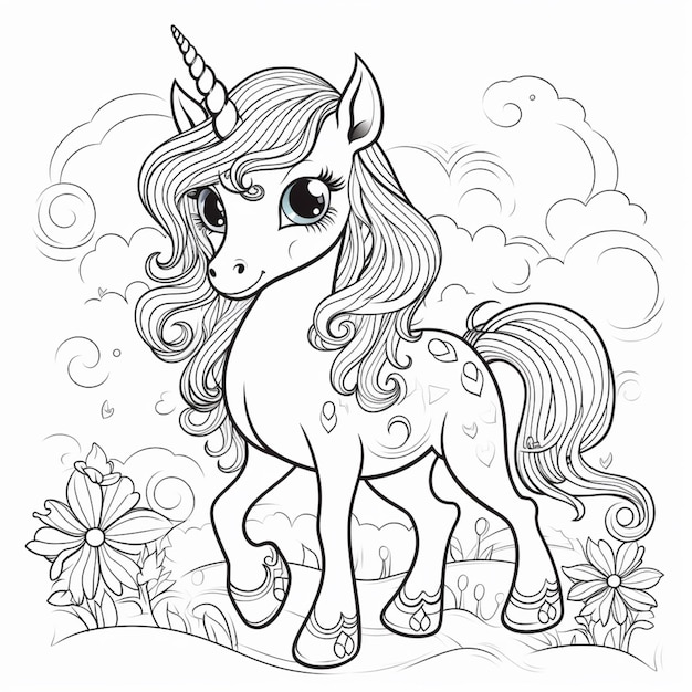 a coloring page of a unicorn with a flower in its hair generative ai