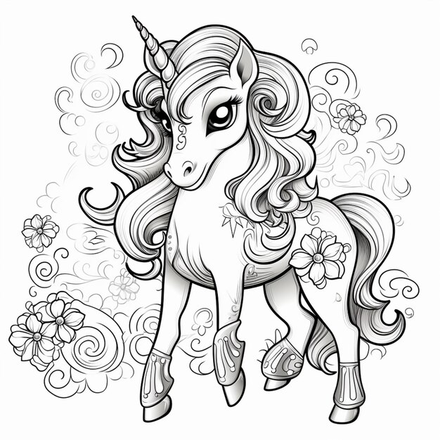 a coloring page of a unicorn with a flower and swirls generative ai