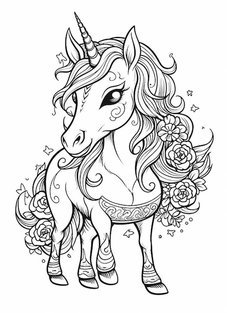 A coloring page of a unicorn with flowers and stars generative ai