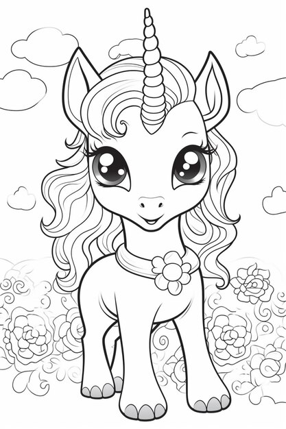 a coloring page of a unicorn with a long mane and a flower generative ai