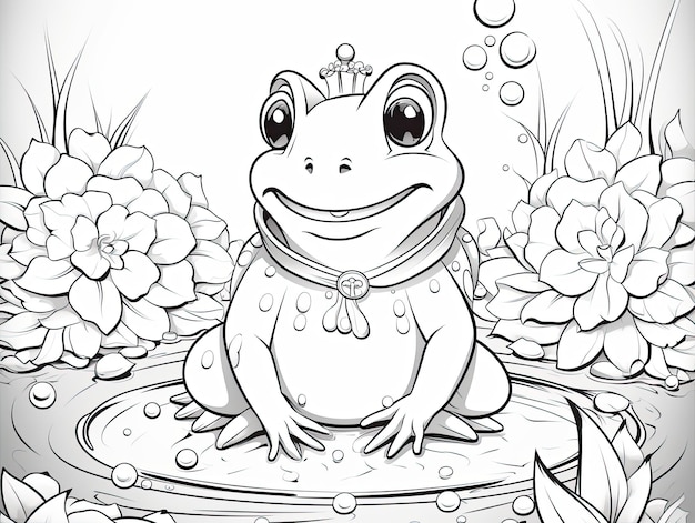 Coloring page of a vibrant green frog perched on a floating lily pad