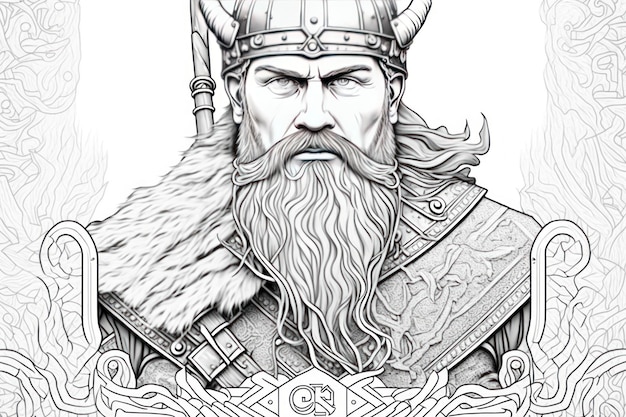 Coloring page viking think lines no shadow greyscale