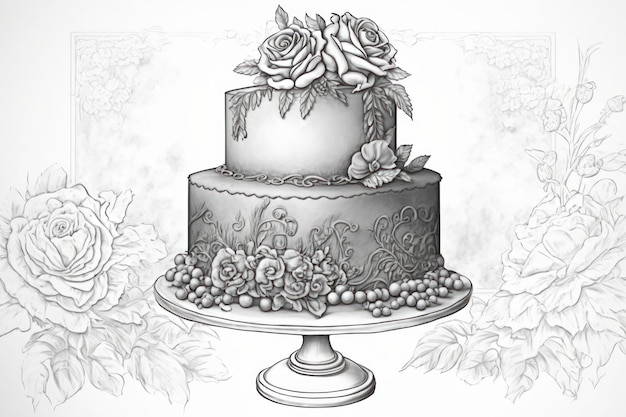 Coloring page wedding cake grayscale