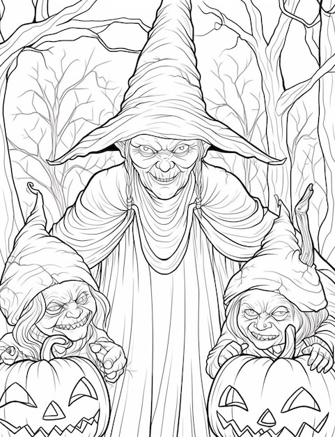 A coloring page of a witch and two children with pumpkins generative ai