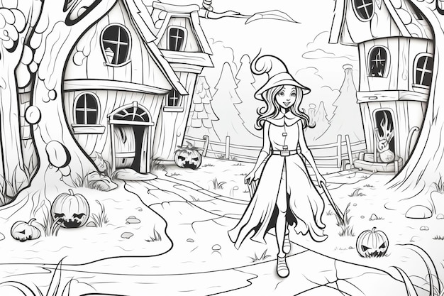 Photo a coloring page of a witch walking through a halloween village generative ai