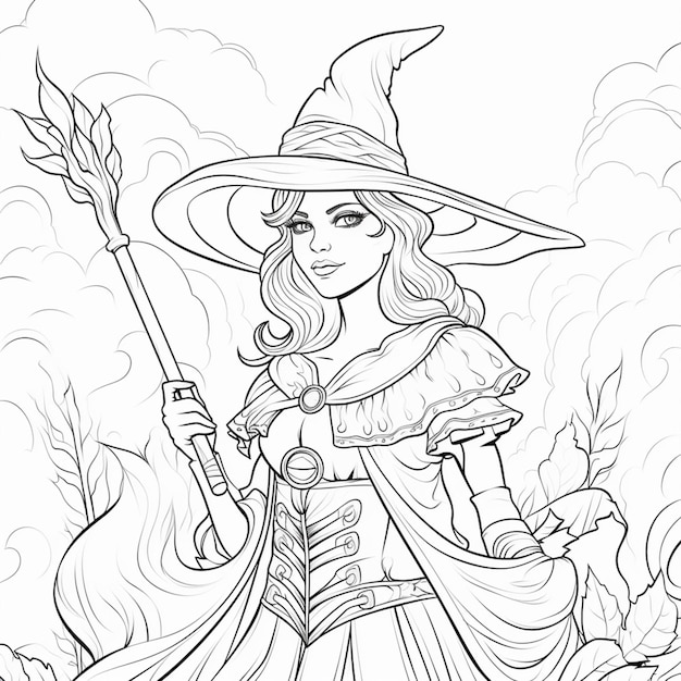 a coloring page of a witch with a broom and a hat generative ai