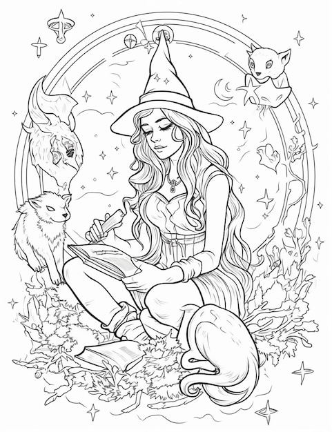 A coloring page of a witch with a cat and a cat generative ai