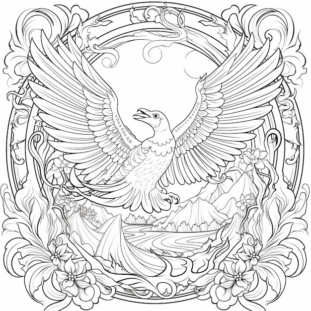 a coloring page with a bird flying over a lake and flowers generative ai