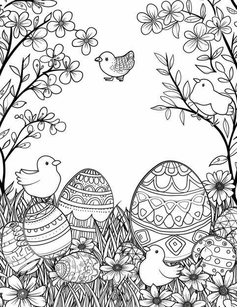 Photo a coloring page with a bird and two eggs in the grass generative ai