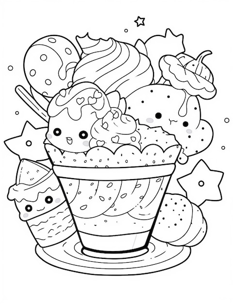 Photo a coloring page with a bowl of ice cream and donuts generative ai