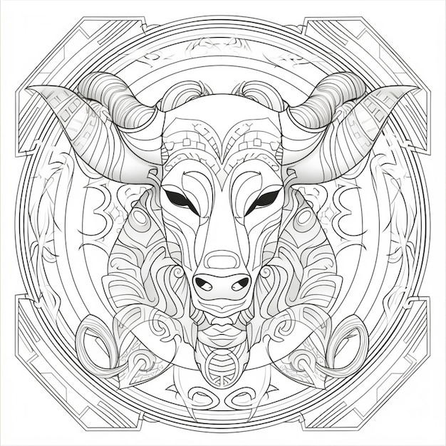 A coloring page with a bull head and a circular design generative ai