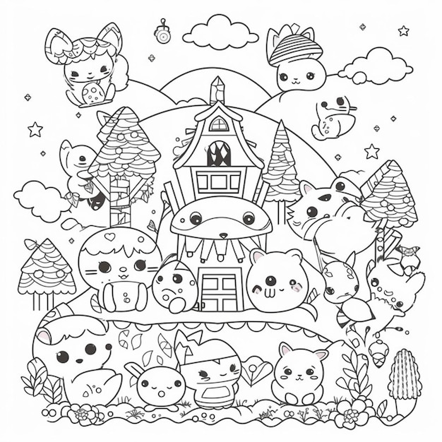 A coloring page with a bunch of animals and a house generative ai