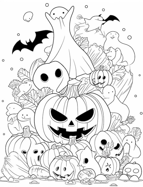 A coloring page with a bunch of halloween pumpkins and ghost generative ai