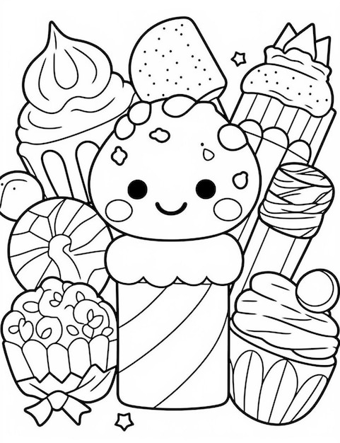 Foto una pagina da colorare con un cono di gelato cartone animato e altri dolci generativi ai