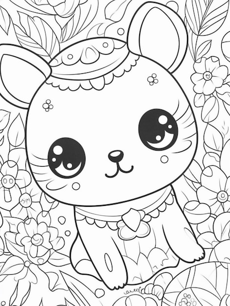 A coloring page with a cat in a dress and flowers generative ai