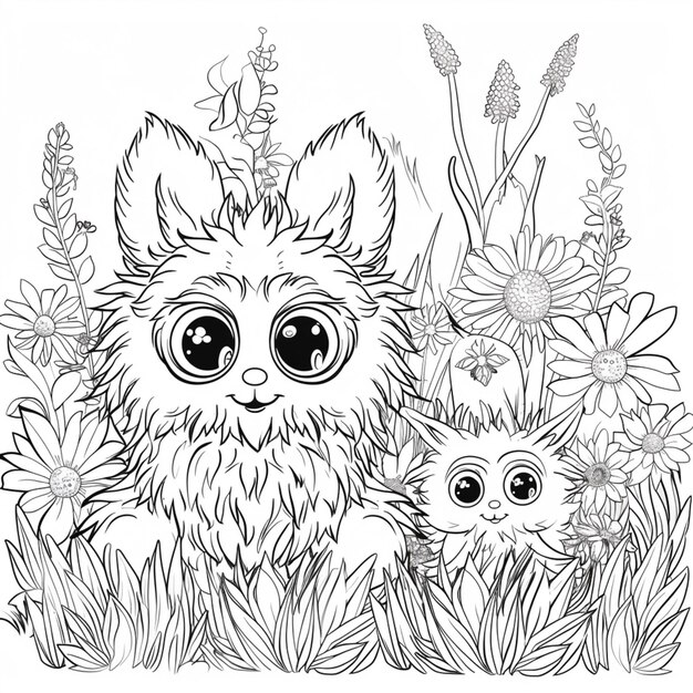 a coloring page with a cat and a kitten in the grass generative ai