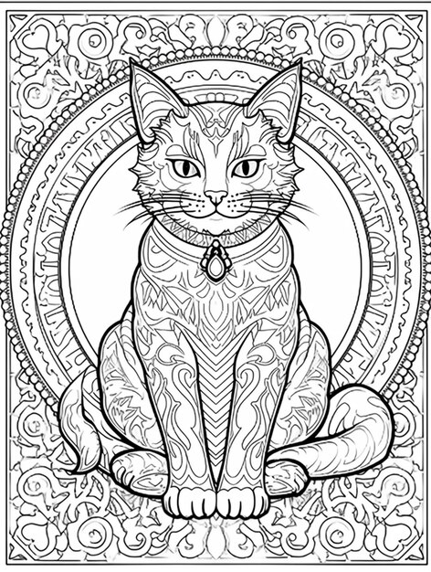 Photo a coloring page with a cat sitting on a circular frame generative ai