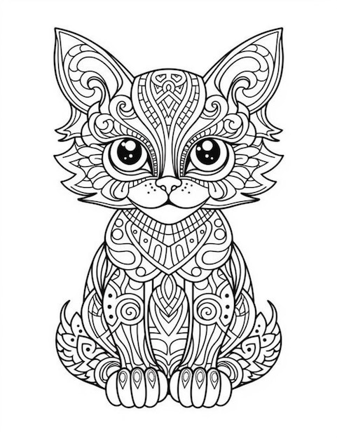 Photo a coloring page with a cat sitting on the floor generative ai