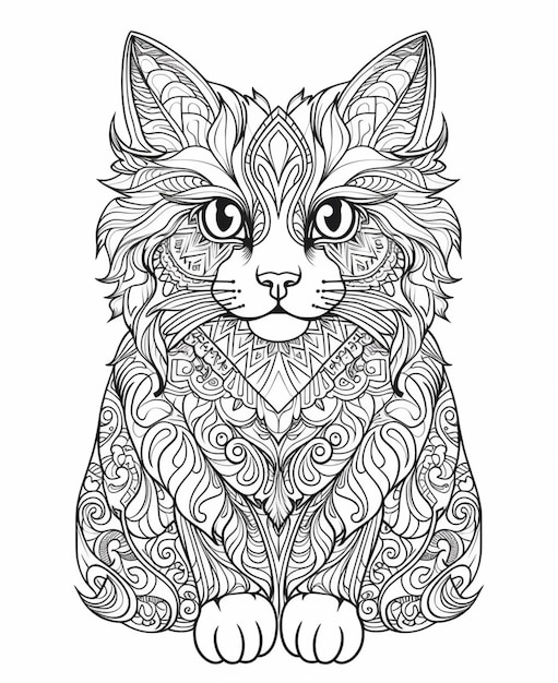 a coloring page with a cat sitting on the floor generative ai