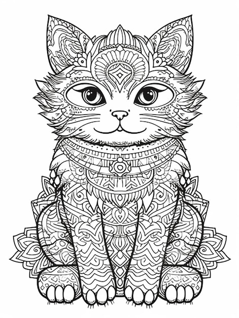 a coloring page with a cat sitting on the ground generative ai