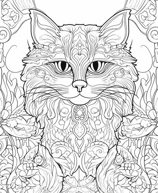 a coloring page with a cat sitting in the middle of a garden generative ai