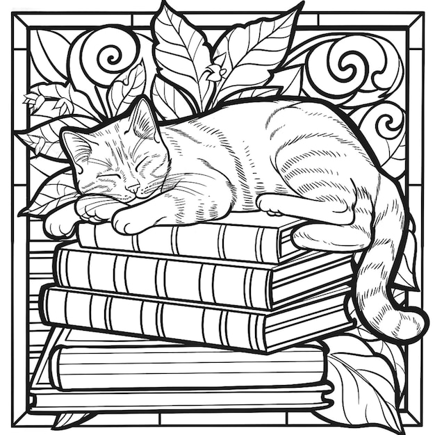 Photo a coloring page with a cat sleeping on a pile of books coloring page for kids