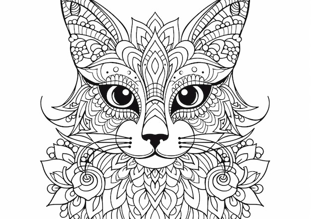 a coloring page with a cat with a floral pattern on it generative ai