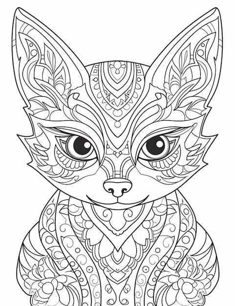 a coloring page with a cat with a floral pattern on it generative ai