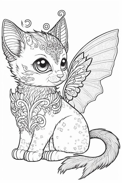 a coloring page with a cat with wings and stars generative ai