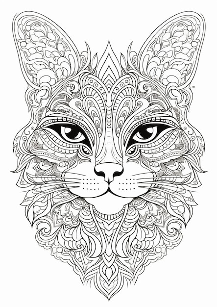 a coloring page with a cats face and ornate patterns generative ai