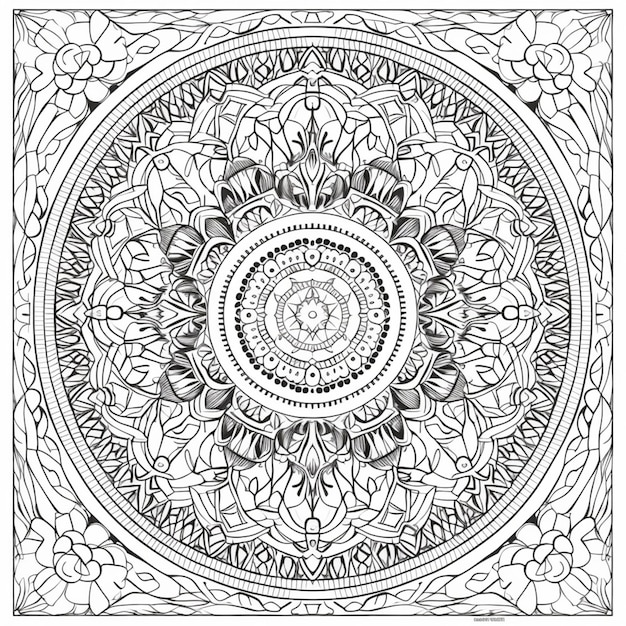 A coloring page with a circular design in black and white generative ai