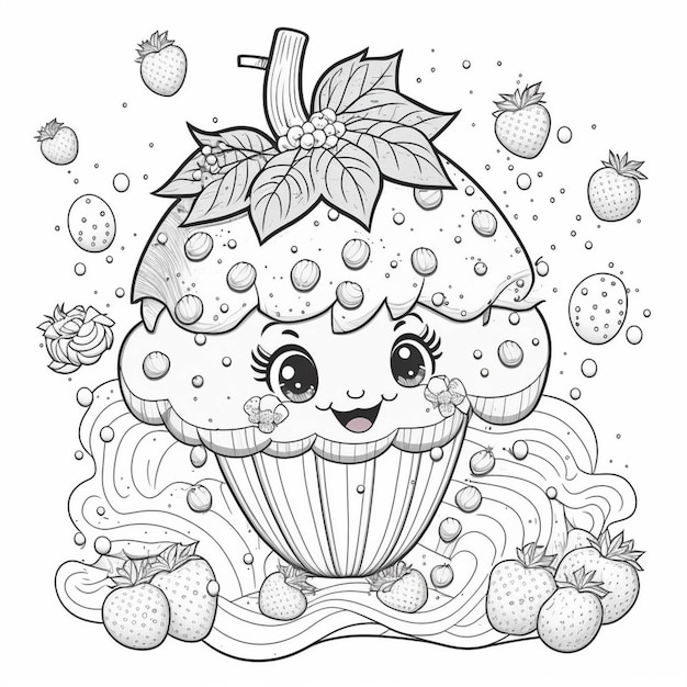 A coloring page with a cupcake and strawberries on it generative ai