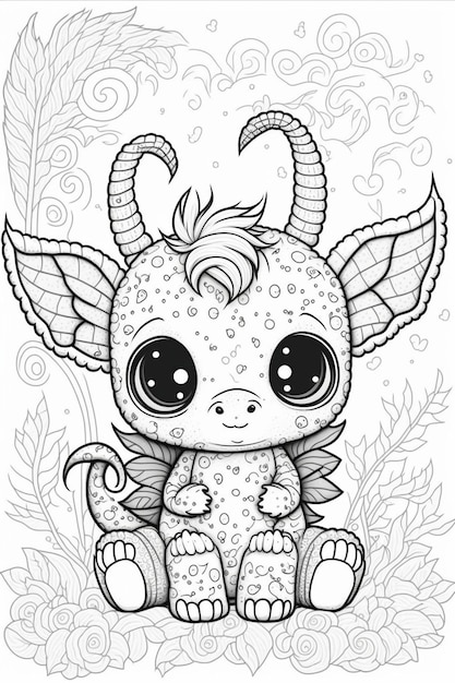 A coloring page with cute little dragon big eyes and grin generative ai