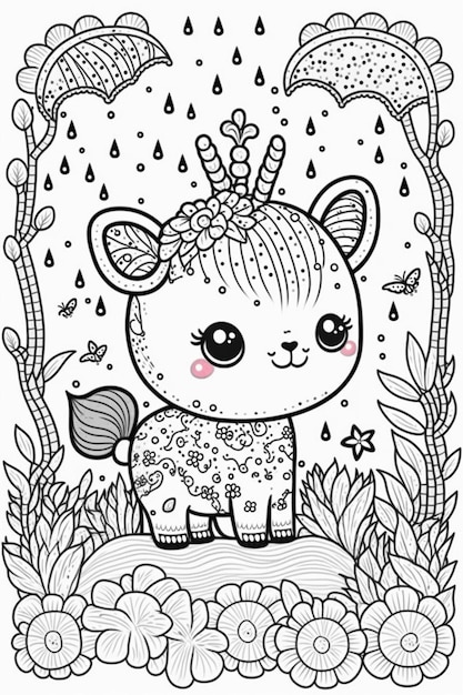 a coloring page with a cute unicorn in the rain generative ai