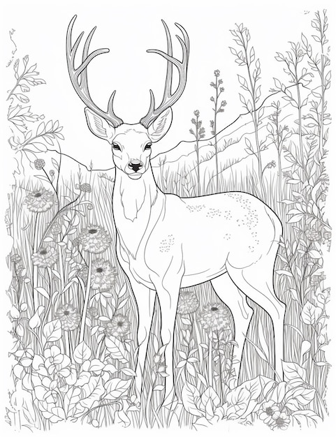 Photo a coloring page with a deer in the middle of a field generative ai