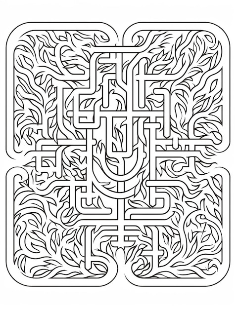 Photo a coloring page with a design of a square with leaves and a tree generative ai