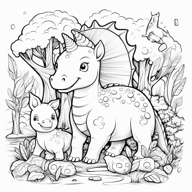 a coloring page with a dinosaur and a baby rabbit generative ai