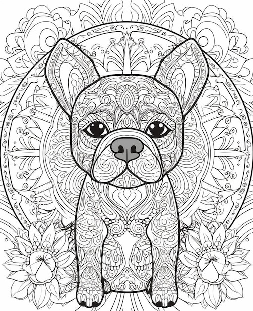 a coloring page with a dog in a floral frame generative ai