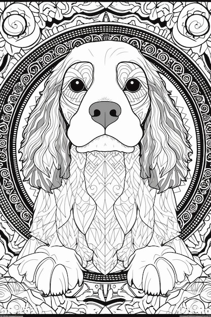 Photo a coloring page with a dog in a frame and flowers generative ai