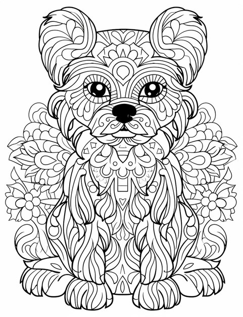 Photo a coloring page with a dog sitting on the ground generative ai