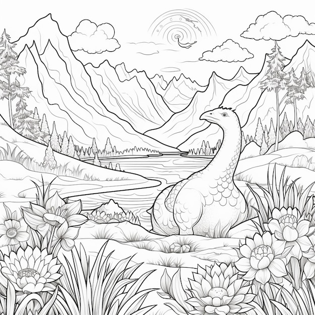 Photo a coloring page with a duck in the middle of a lake generative ai